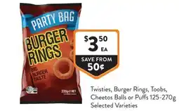 Foodworks Twisties Burger Rings Toobs Cheetos Balls or Puffs offer