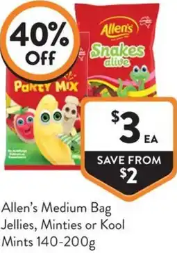 Foodworks Allens Medium Bag Jellies Minties or Kool Mints offer