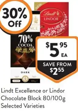Foodworks Lindt Excellence or Lindor Chocolate Block offer