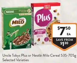 Foodworks Uncle Tobys Plus or Nestlé Milo Cereal offer