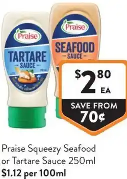 Foodworks Praise Squeezy Seafood or Tartare Sauce offer