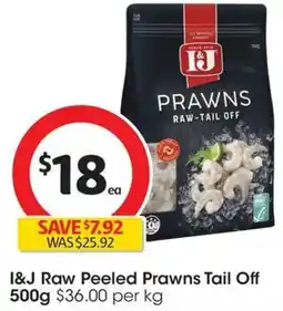 Coles I&J Raw Peeled Prawns Tail Off offer