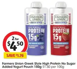 Coles Farmers union greek style high protein no sugar added yogurt pouch offer