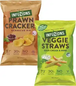 Coles Infuzions Veggie Straws or Prawn Crackers 90g offer