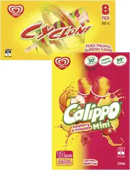Coles Streets Calippo Ice Blocks 5 Pack-10 Pack 525mL-575mL or Cyclone Sticks 8 Pack 688mL offer