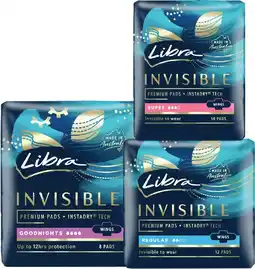 Coles Libra Invisible Pads with Wings Goodnight 8 Pack or Super 10 Pack or Regular 12 Pack offer