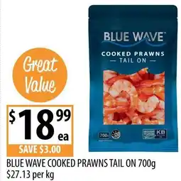 Supabarn Blue wave cooked prawns tail on offer
