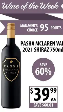 Supabarn PASHA MCLAREN VALE 2021 SHIRAZ offer
