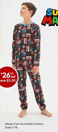 Target Super Mario Australian Cotton Older Boys Waffle Knit Pyjama Set offer