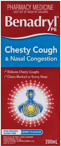 Pharmacist Advice Benadryl PE Chesty Cough & Nasal Congestion Berry Flavour offer