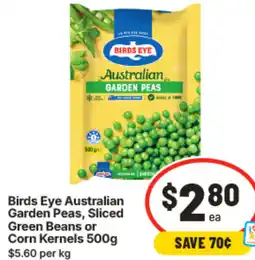 IGA Birds Eye Australian Garden Peas Sliced Green Beans or Corn Kernels offer