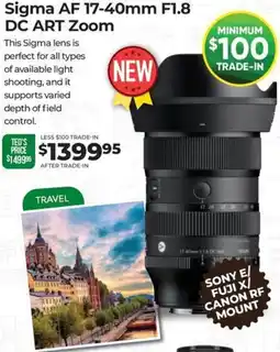 Teds Cameras Sigma AF 17-40mm F1.8 DC ART Zoom offer