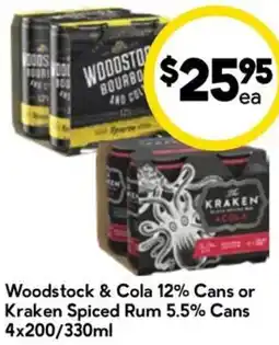 Drakes Woodstock & Cola 12% Cans or Kraken Spiced Rum 5.5% Cans offer
