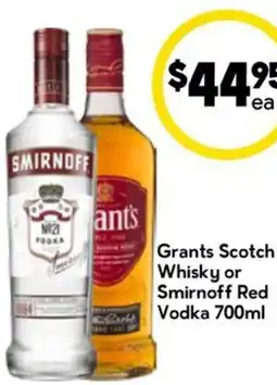 Drakes Grants Scotch Whisky or Smirnoff Red Vodka offer