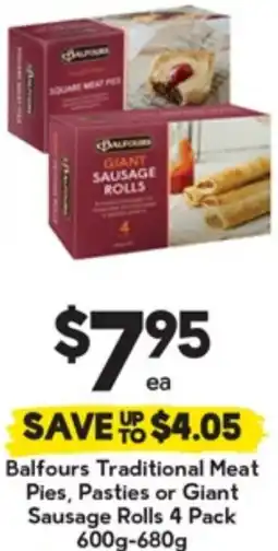 Drakes Balfours Traditional Meat Pies Pasties or Giant Sausage Rolls offer