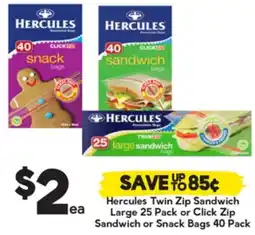 Drakes Hercules Twin Zip Sandwich Large or Click Zip Sandwich or Snack Bags offer