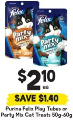 Drakes Purina Felix Play Tubes or Party Mix Cat Treats offer