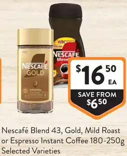 Foodworks Nescafé Blend 43 Gold Mild Roast or Espresso Instant Coffee offer