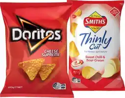 IGA Doritos Corn Chips 150‑170g or Smith’s Thinly Cut Chips 175g Selected Varieties offer