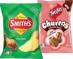 IGA Smith’s Crinkle Cut Chips 150‑170g or Twisties Cinnamon Sugar Churros 120g Selected Varieties offer