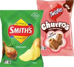 IGA Smith’s Crinkle Cut Chips 150-170g or Twisties Cinnamon Sugar Churros 120g Selected Varieties offer