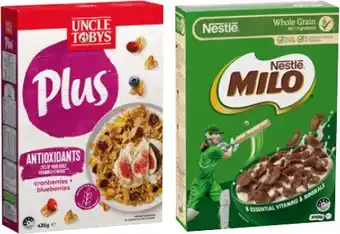 IGA Uncle Tobys Plus Cereal 410-435g or Nestlé Milo Cereal 330-350g Selected Varieties offer