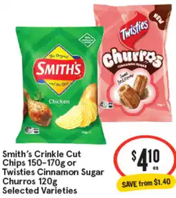 IGA Smiths Crinkle Cut Chips or Twisties Cinnamon Sugar Churros offer