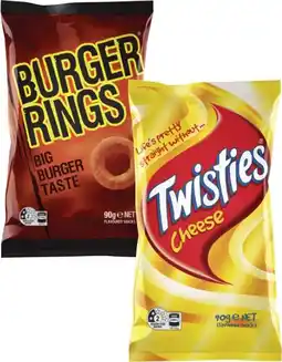 Coles Twisties Burger Rings or Cheetos offer