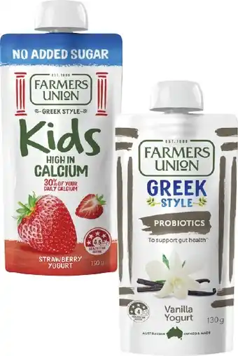 Coles Farmers Union Greek Style or No Added Sugar Kids Yogurt Pouch 130g offer