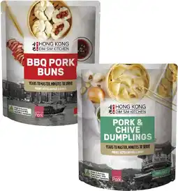Coles Hong kong dim sim kitchen pork & chive dumplings or bbq pork buns offer