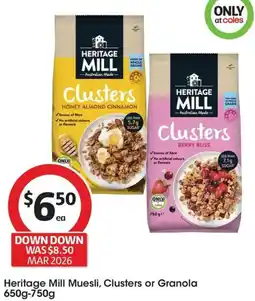Coles Heritage Mill Muesli, Clusters or Granola offer