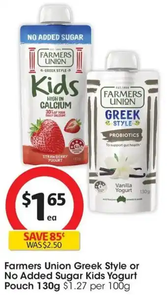 Coles Farmers Union Greek Style or No Added Sugar Kids Yogurt Pouch offer