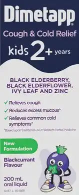 Amcal Pharmacies Dimetapp Kids Cough & Cold Relief Black Elderberry, Elderflower, Ivy Leaf & Zinc offer