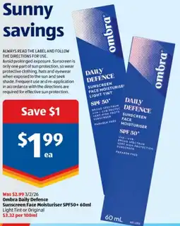 ALDI Ombra Daily Defence Sunscreen Face Moisturiser SPF50+ offer