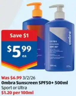 ALDI Ombra Sunscreen SPF50+ offer