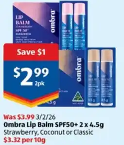 ALDI Ombra Lip Balm SPF50+ offer