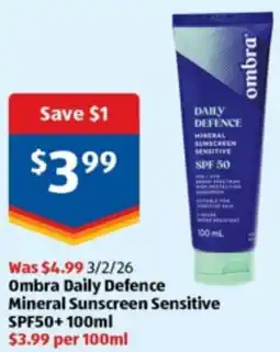 ALDI Ombra Daily Defence Mineral Sunscreen Sensitive SPF50+ offer
