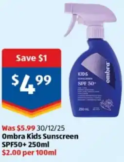 ALDI Ombra Kids Sunscreen SPF50+ offer