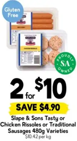 Drakes Slape & Sons Tasty or Chicken Rissoles or Traditional Sausages offer