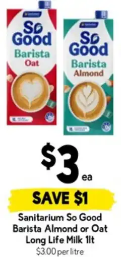 Drakes Sanitarium So Good Barista Almond or Oat Long Life Milk offer