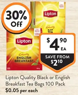 Foodworks Lipton Quality Black or English Breakfast Tea Bags offer