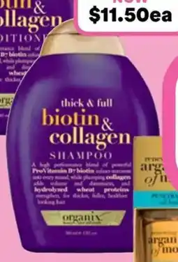 Priceline Ogx thick & full volumising biotin & collagen shampoo for fine hair offer