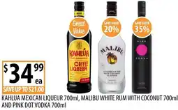 Supabarn Kahlua mexican liqueur 700ml, malibu white rum with coconut 700ml and pink dot vodka offer