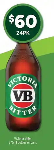 Bottler Victoria Bitter 375ml bottles or cans offer