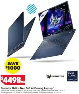 Harvey Norman Predator Helios Neo 165 Al Gaming Laptop offer