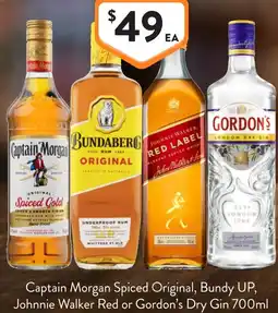 Foodworks Captain Morgan Spiced Original, Bundy UP, Johnnie Walker Red or Gordon's Dry Gin offer