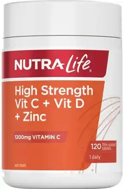 Discount Drug Stores Nutra-Life High Strength Vit C + Vit D + Zinc 120 Film Coated Tablets offer