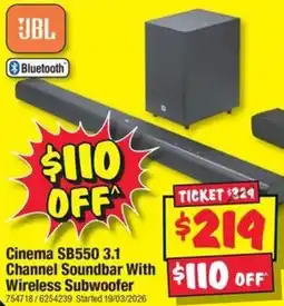 JB Hi-Fi Cinema SB550 3.1 Channel Soundbar With Wireless Subwoofer offer