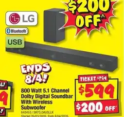 JB Hi-Fi 800 Watt 5.1 Channel Dolby Digital Soundbar With Wireless Subwoofer offer