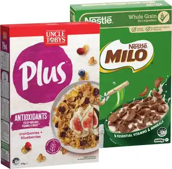 IGA Nestlé Milo Cereal 535-620g or Uncle Tobys Plus Cereal 620-705g Selected Varieties offer